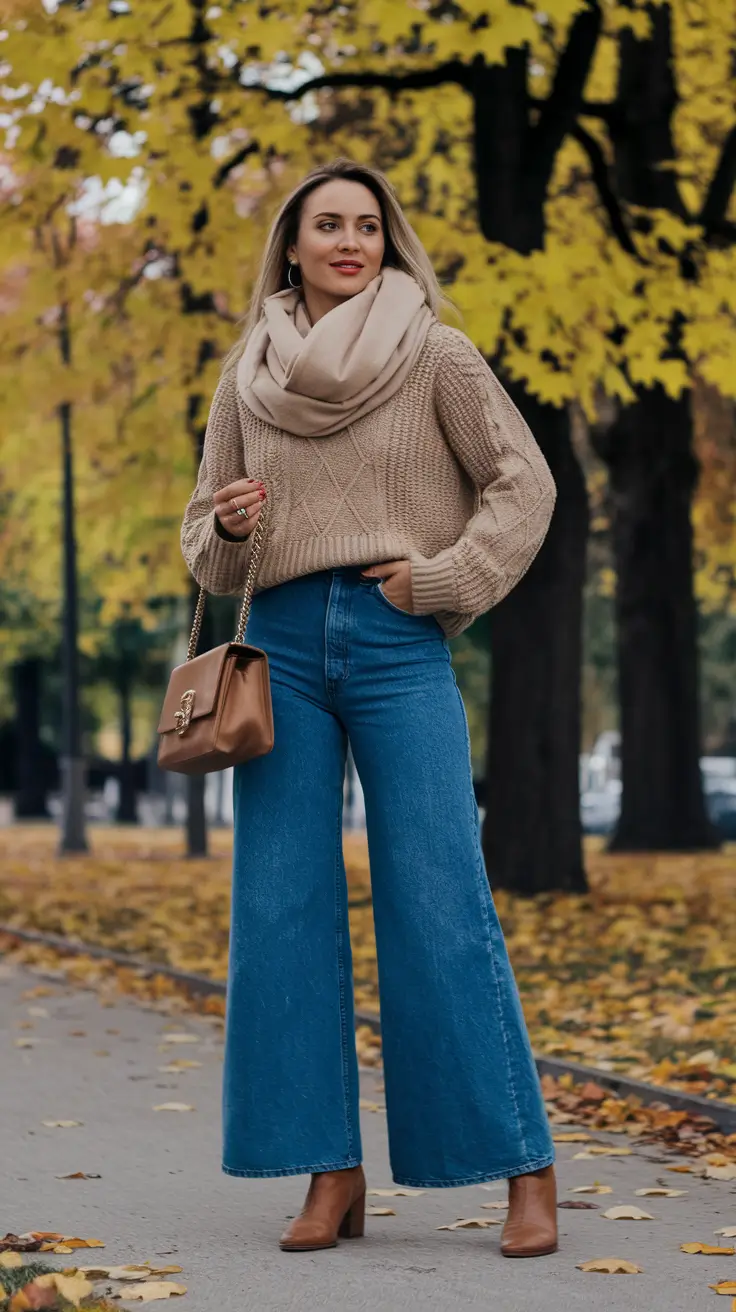 cute fall outfits for women Wide-Leg Denim & Knit Drama