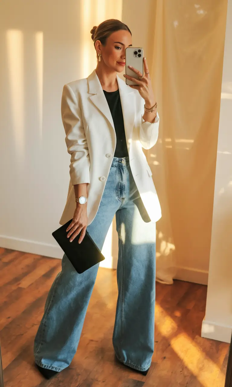 fall business casual outfits Minimalist Chic with Wide-Leg Denim