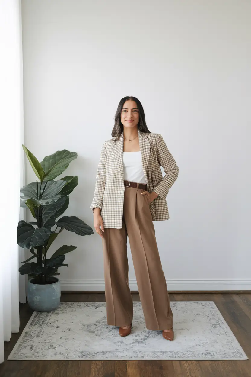 fall business casual outfits Check Blazer & Chestnut Wide-Legs