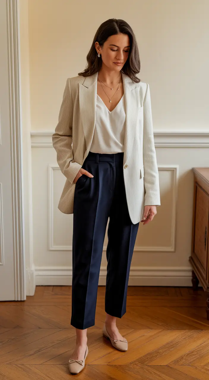 fall business casual outfits Classy Cream and Navy Cropped Combo