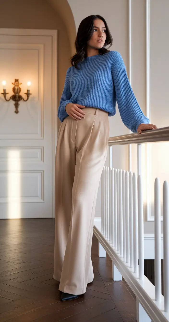 fall business casual outfits Cozy Blue Sweater with Tailored Neutrals