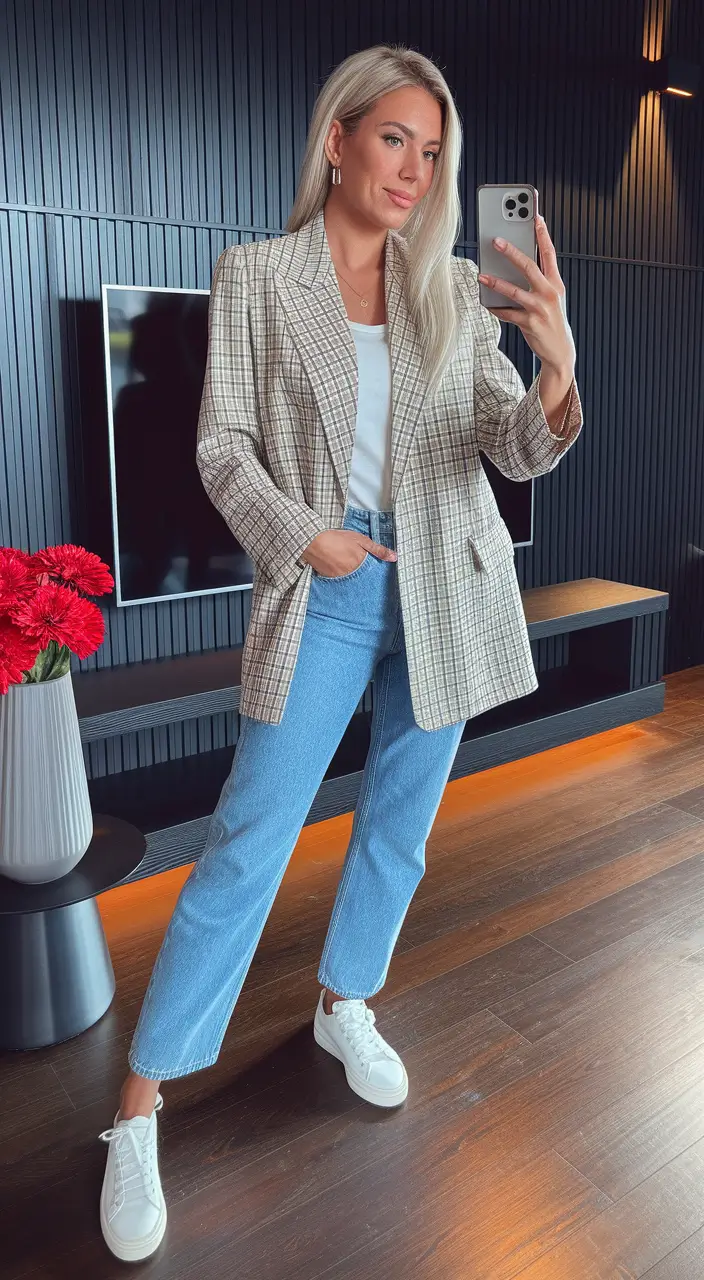 fall business casual outfits Casual Cool in Plaid and Sneakers