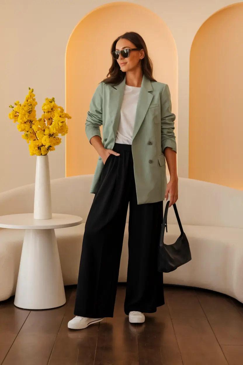 fall business casual outfits Mint Blazer Meets Everyday Chill