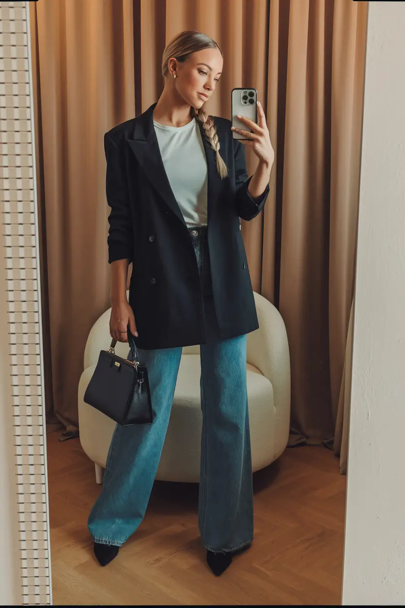 fall business casual outfits Black Blazer & Denim: The Ultimate Go-To