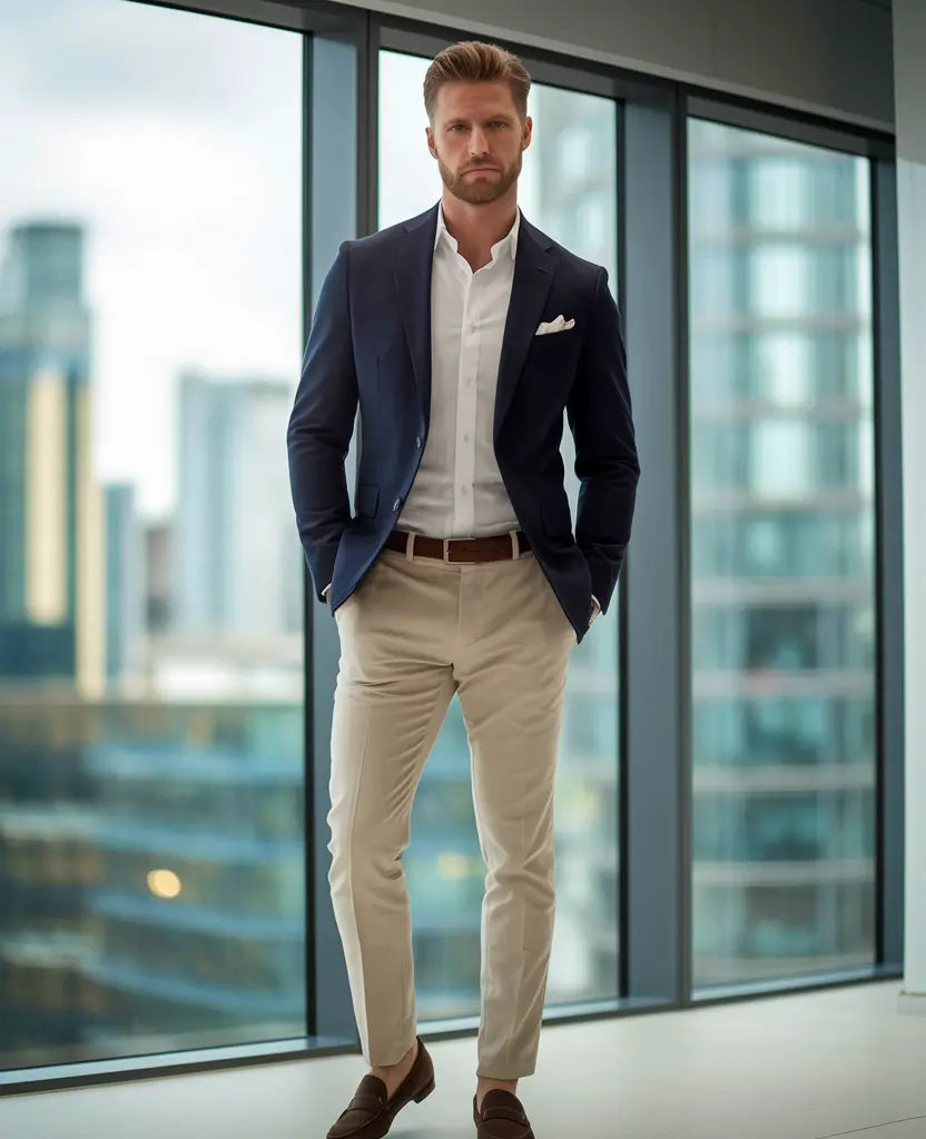 fall business casual outfits for men Navy Blazer + Khaki Pants = Perennial Win