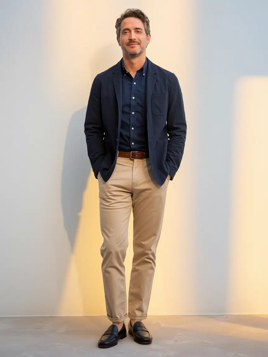 fall business casual outfits for men Classic Navy and Khaki Comeback