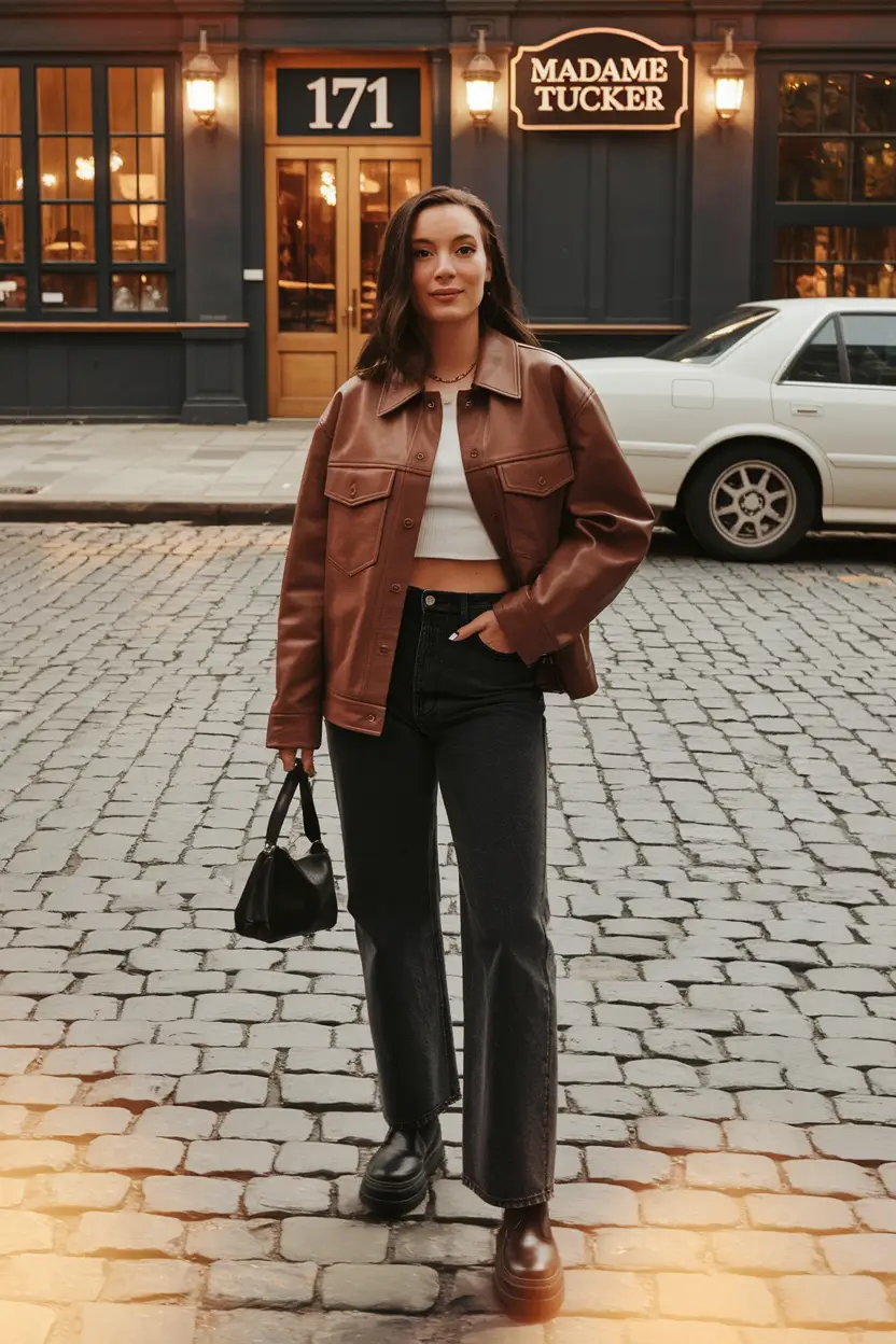 fall outfits with boots - Urban Earth Tones: Casual Cool with Leather & Layers