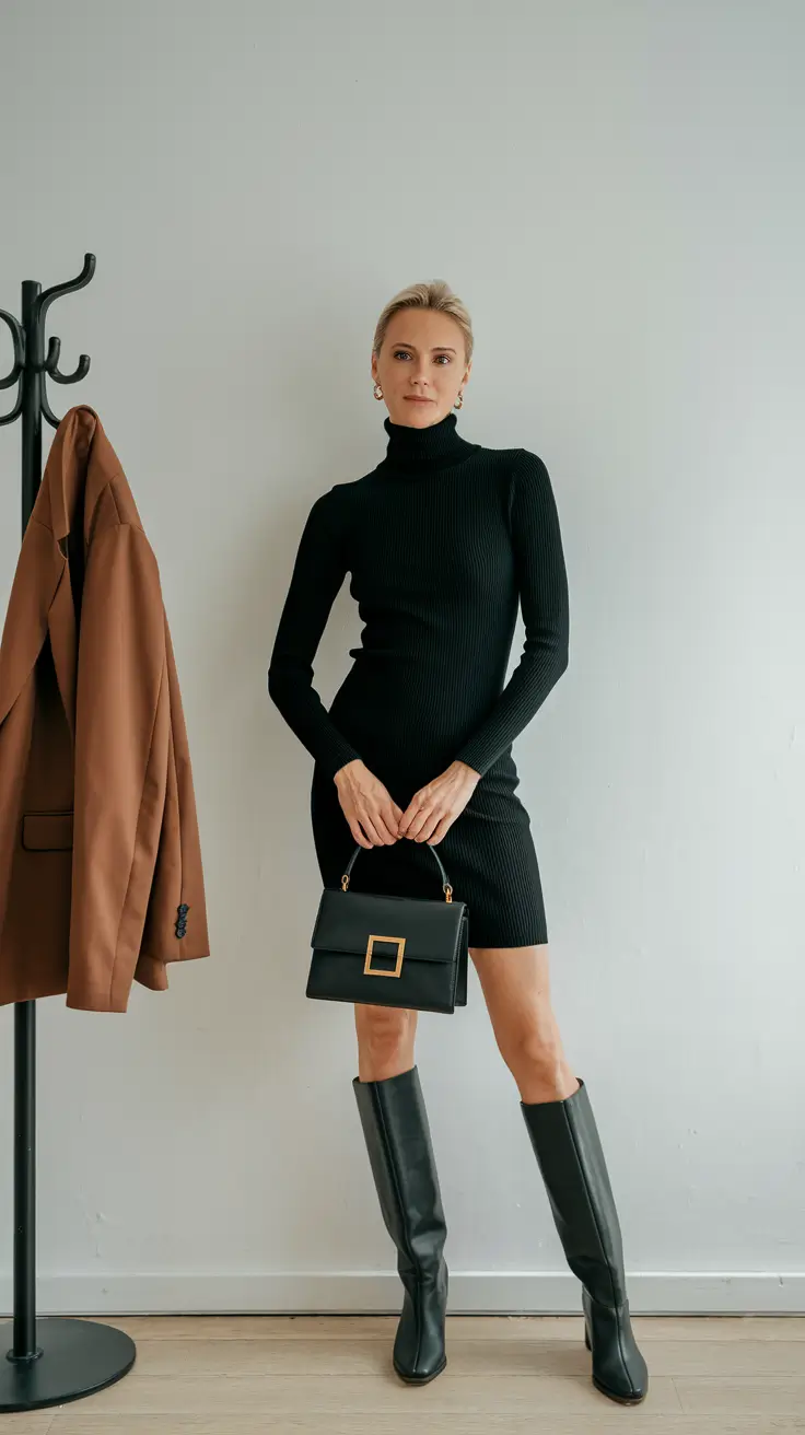 fall outfits with boots and dress All-Black Minimalism That Speaks Volumes