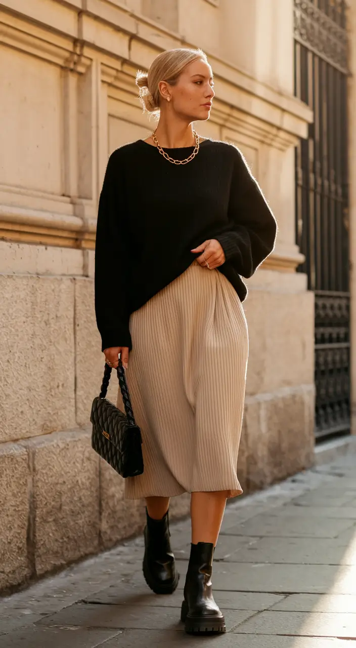 fall outfits with boots women Neutral Contrast with Soft Pleats and Lug Boots