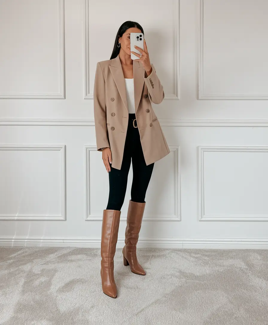 fall outfits with boots and leggings Polished Blazer Energy with Camel Tall Boots