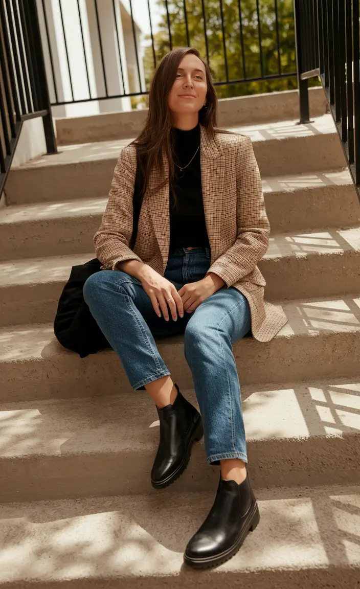 fall outfits with boots country Effortless Edge with a Checked Blazer