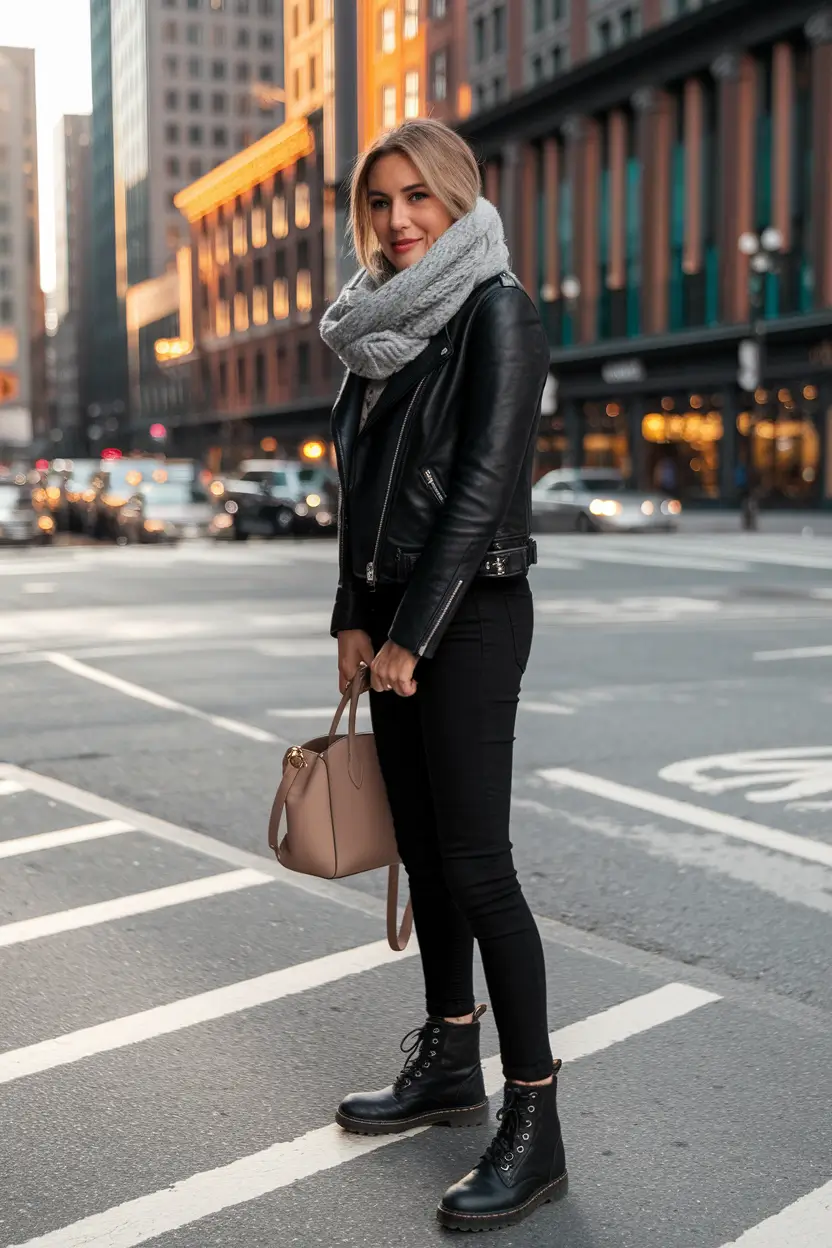 fall outfits with boots and jeans Leather Jacket + Chunky Scarf = Timeless Combo