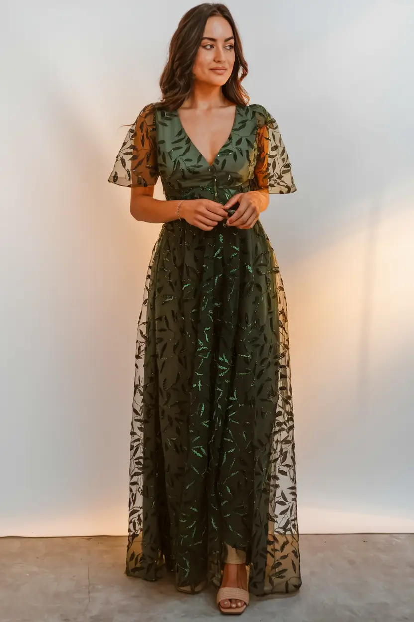October semi formal classy Olive Embroidery with a Hint of Mystery