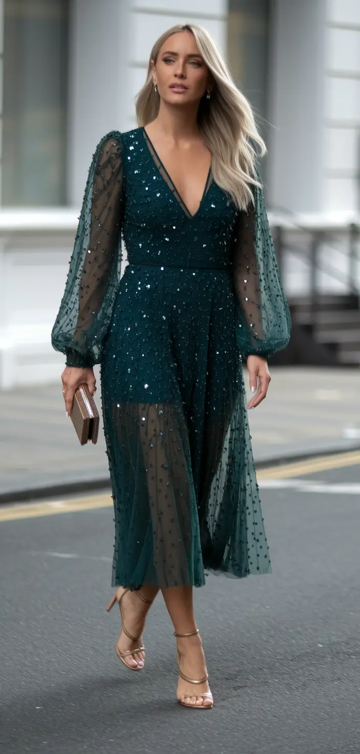 fall wedding guest dress November Dark Teal Sparkle for City Evenings