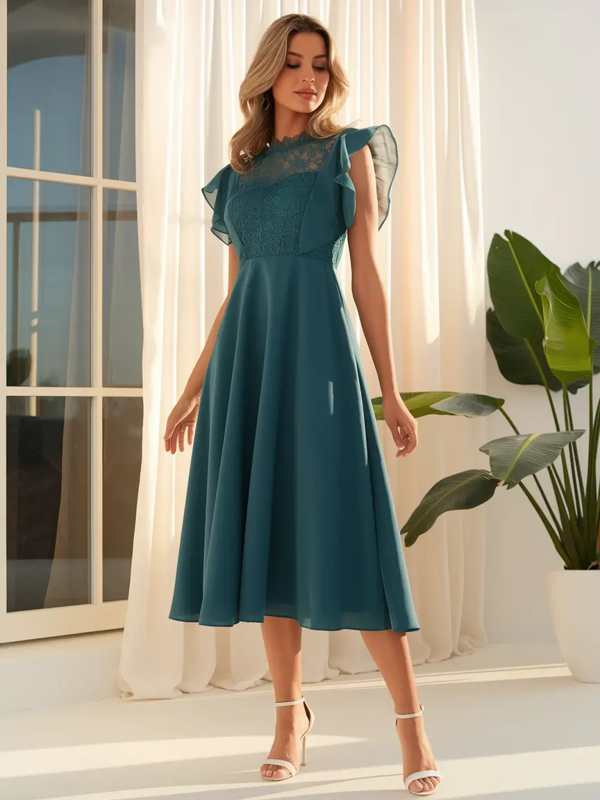 fall wedding guest dress casual Soft Teal & Lace Flutter Charm