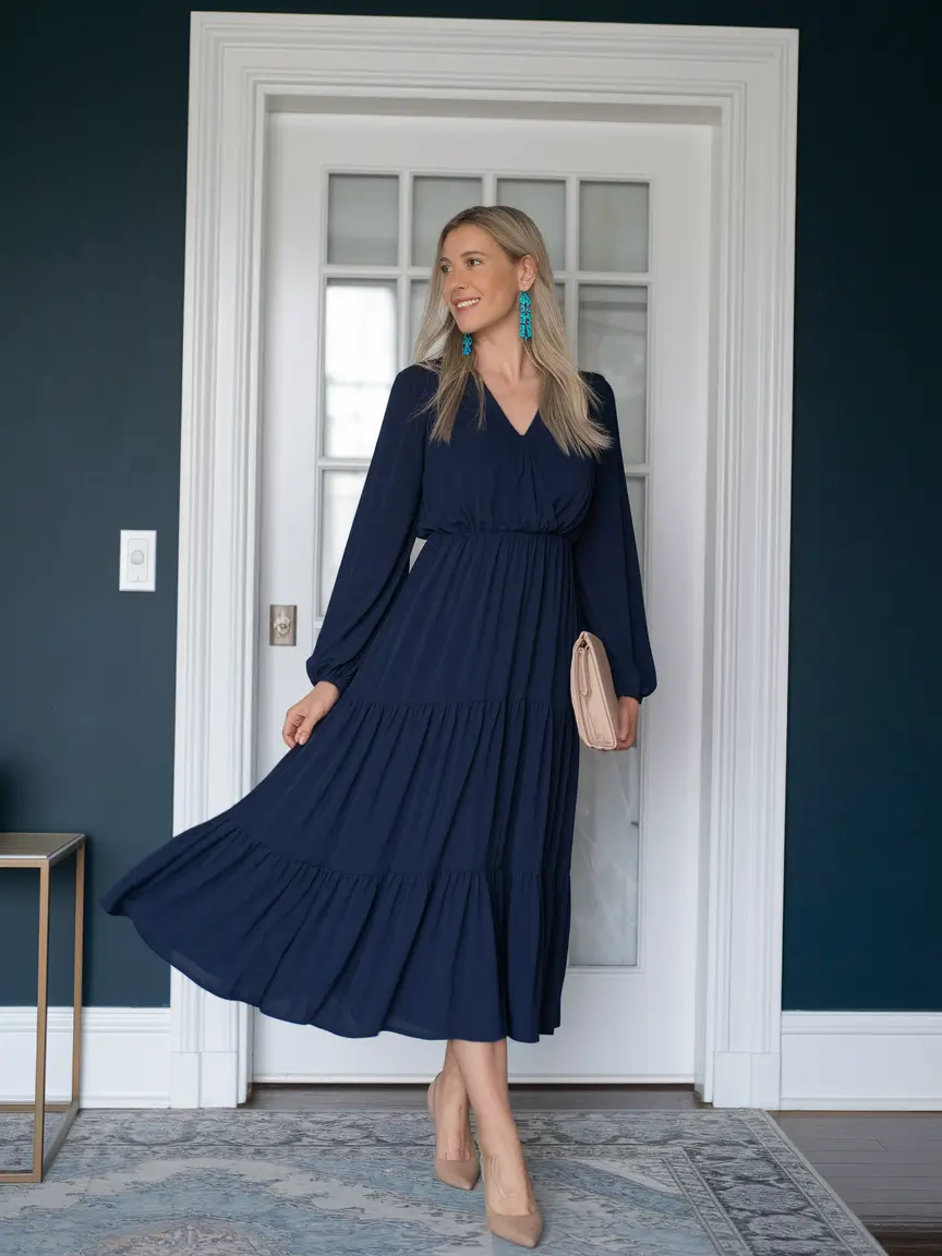 fall wedding guest dress long sleeve Effortless Tiered Navy Romance