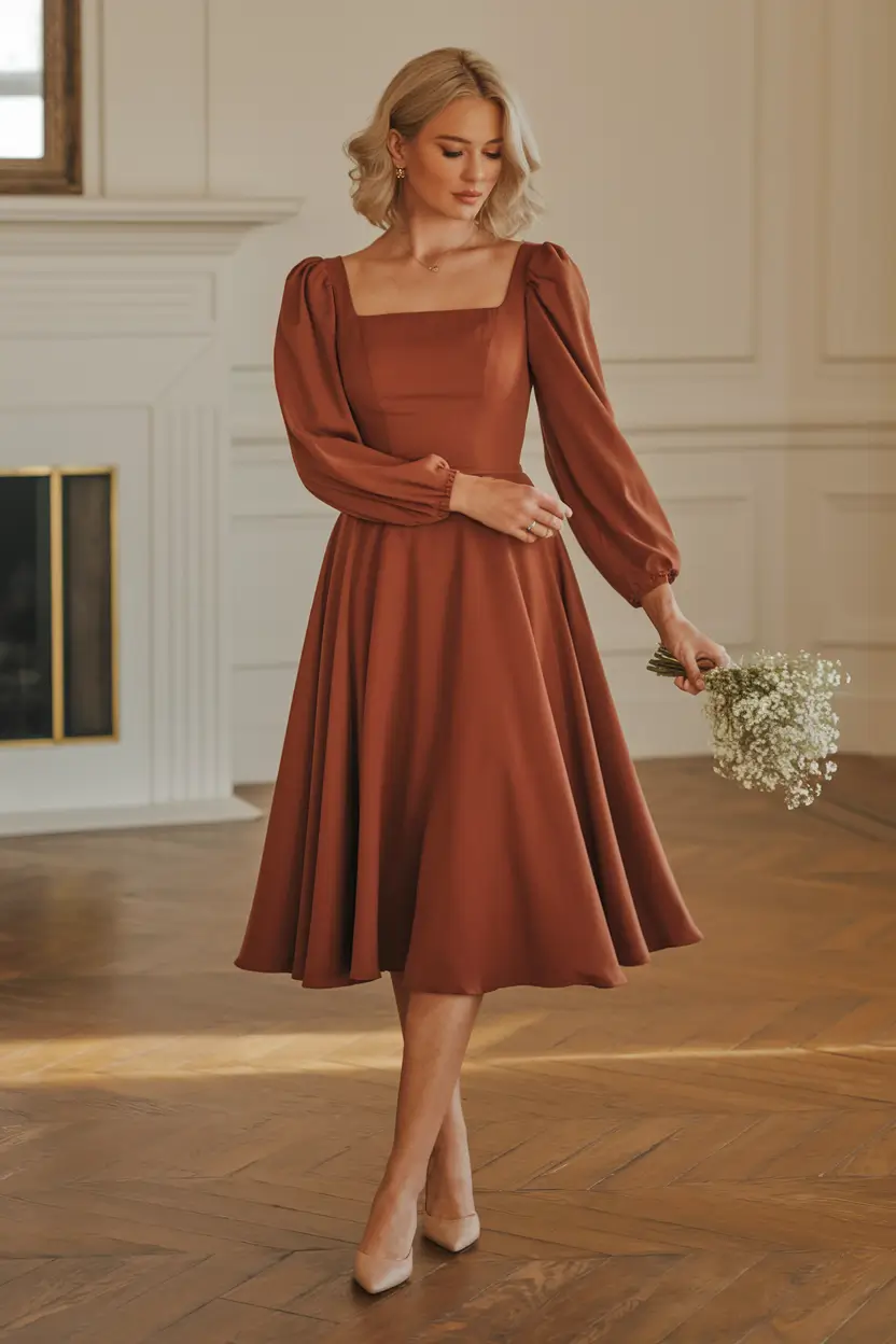 fall wedding guest dress October formal Burnt Sienna Elegance