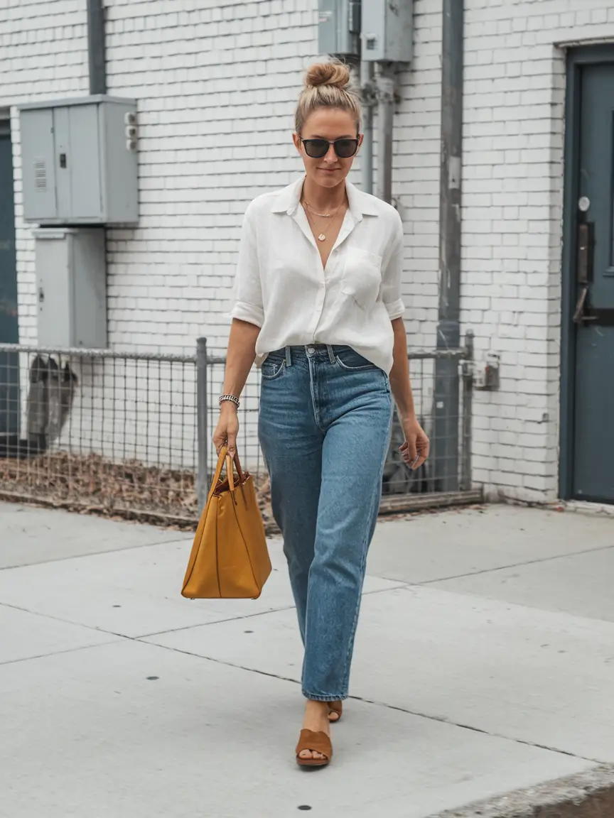summer to fall transition outfits work Polished White Shirt & Denim for Everyday Office Chic