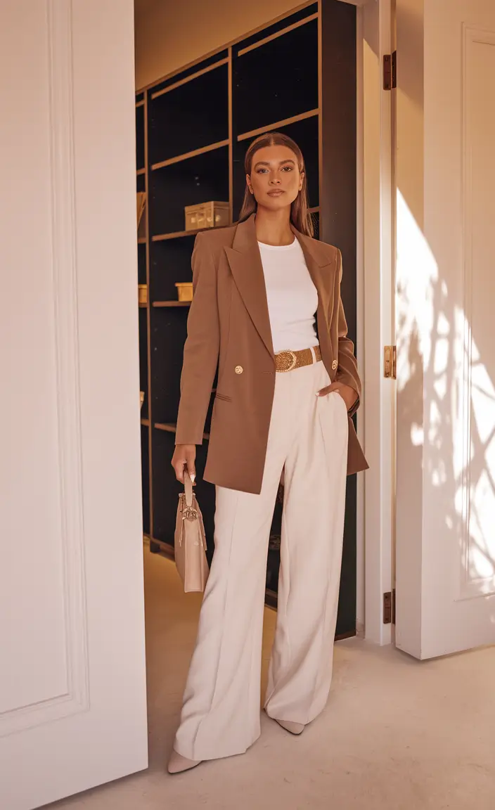 summer to fall transition outfits work Office-Ready Blazer and Creamy Tailored Trousers