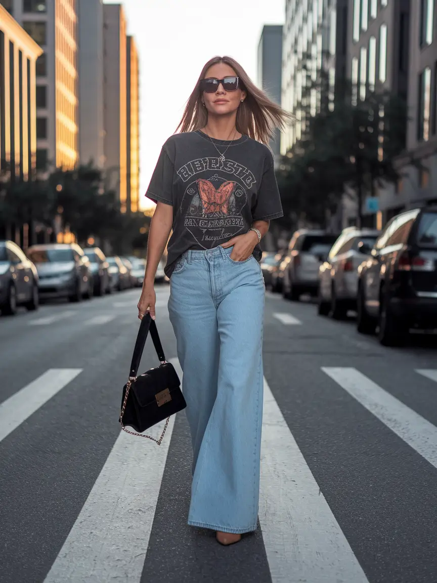 summer to fall transition outfits jeans Graphic Tee & Wide-Leg Denim for the Bold and Breezy