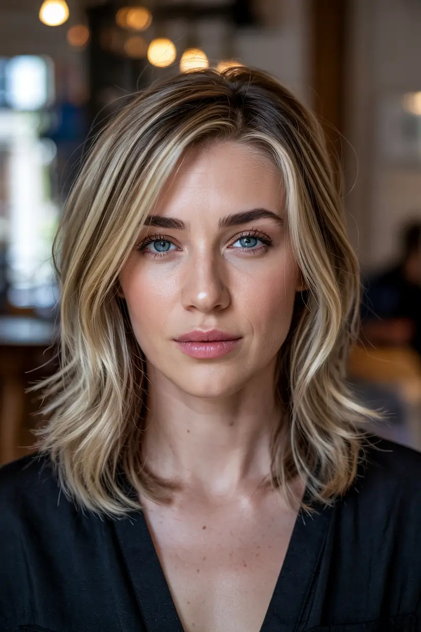 august hair color ideas neutral beige blonde with shadowed layers
