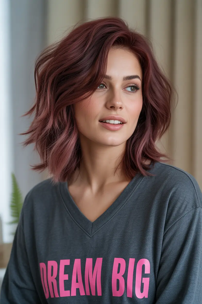 August haircuts 2025 Muted Merlot Waves with a Textured Mid-Length Shag