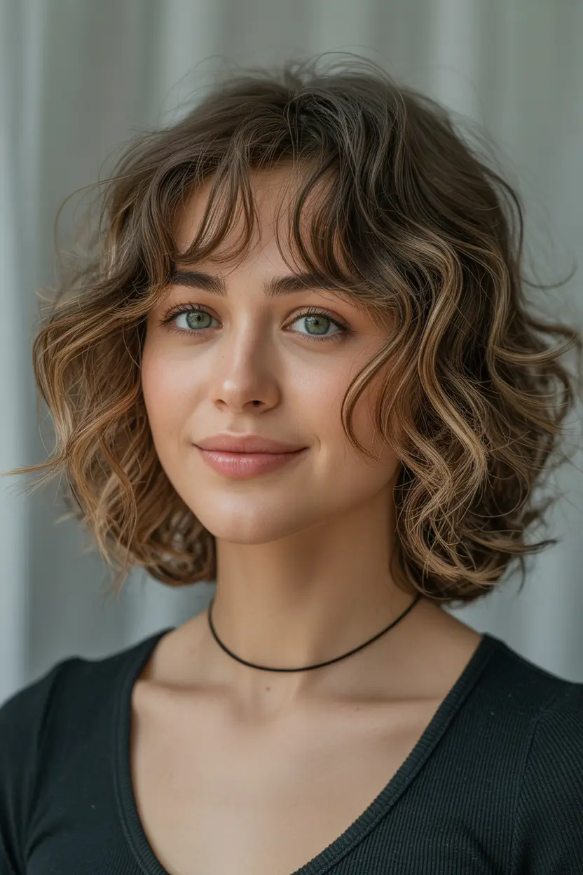 August haircuts 2025 Effortless Curl Bob with Wispy Curtain Bangs