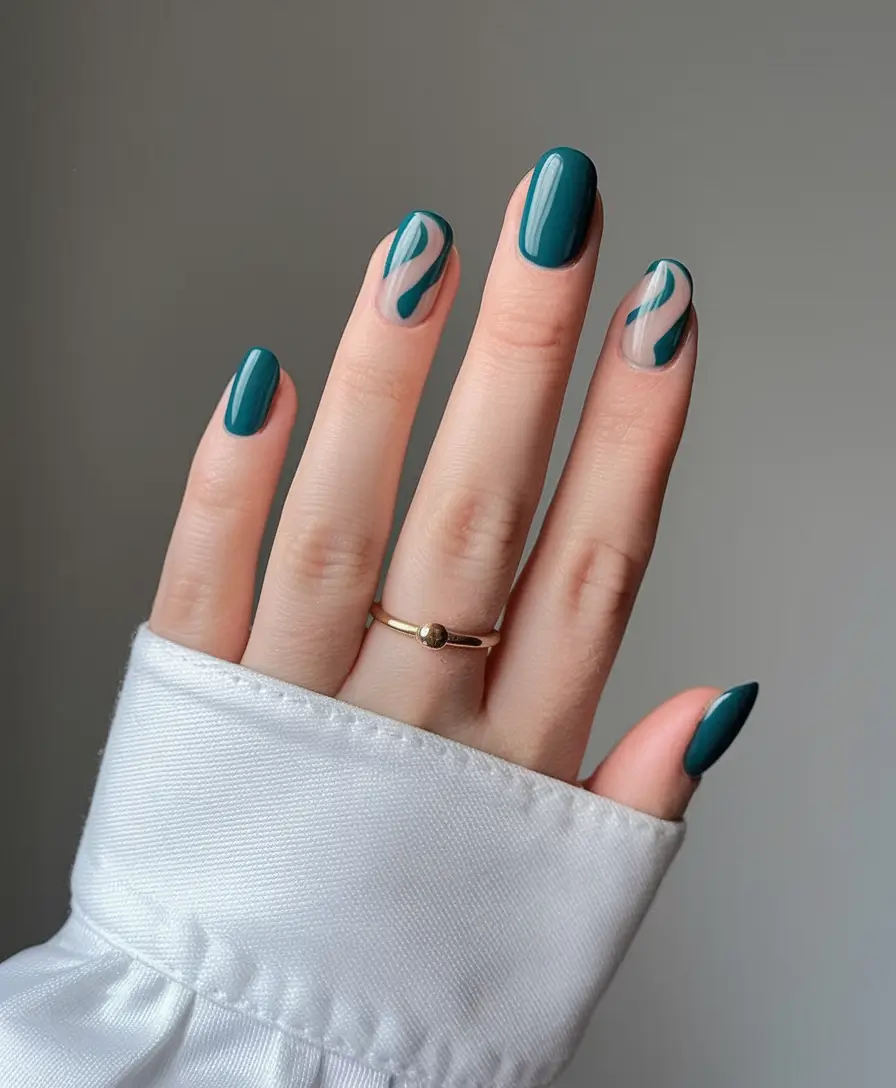 august nails colors Deep Green Art Lines Over Negative Space