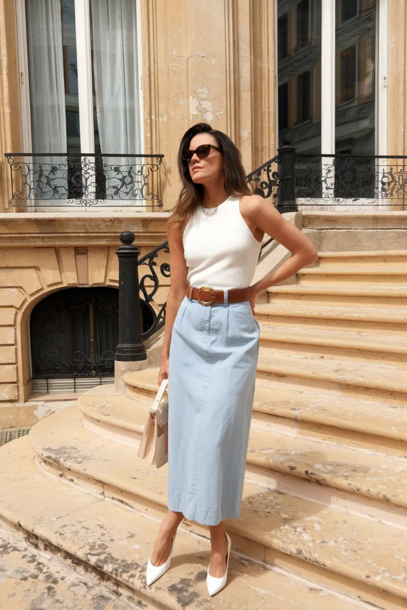 august outfits 2025 Refined in Denim Midi