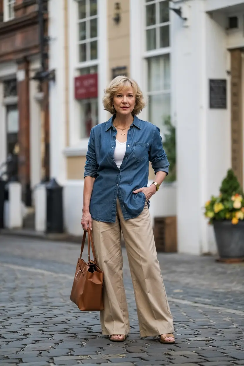 cute fall outfits for women over 60 - Denim Shirt with Wide-Leg Ease