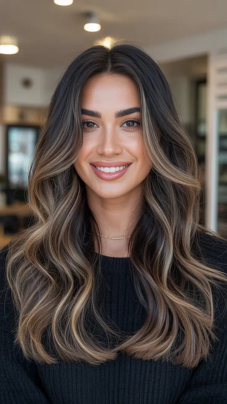 dark brown fall hair colors Creamy Blonde Ribbons on Dark Brunette
