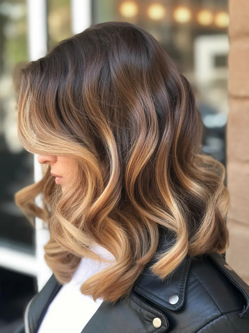 dark brown fall hair colors Golden Caramel Luxe Waves
