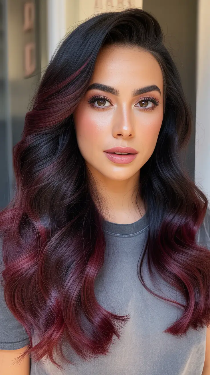 dark brown fall hair colors Velvet Wine Drama with Dark Roots