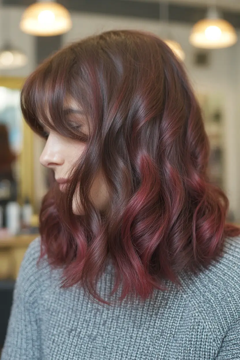 dark brown fall hair colors Short Burgundy Curls with Fringe