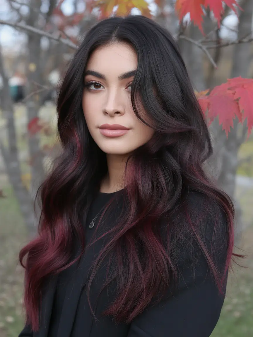 dark brown fall hair colors Raspberry Tips with a Fall Forest Vibe