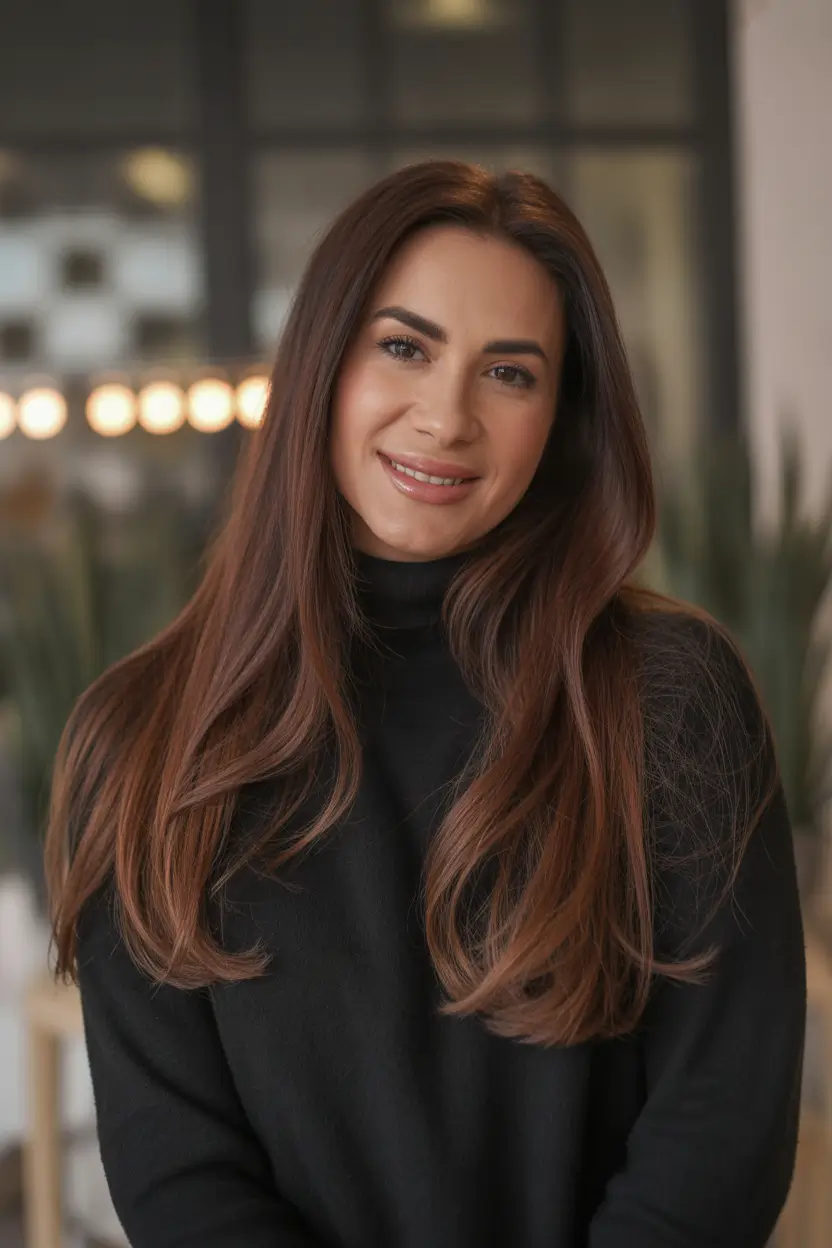 dark brown fall hair colors Maple-Tinted Straight Layers