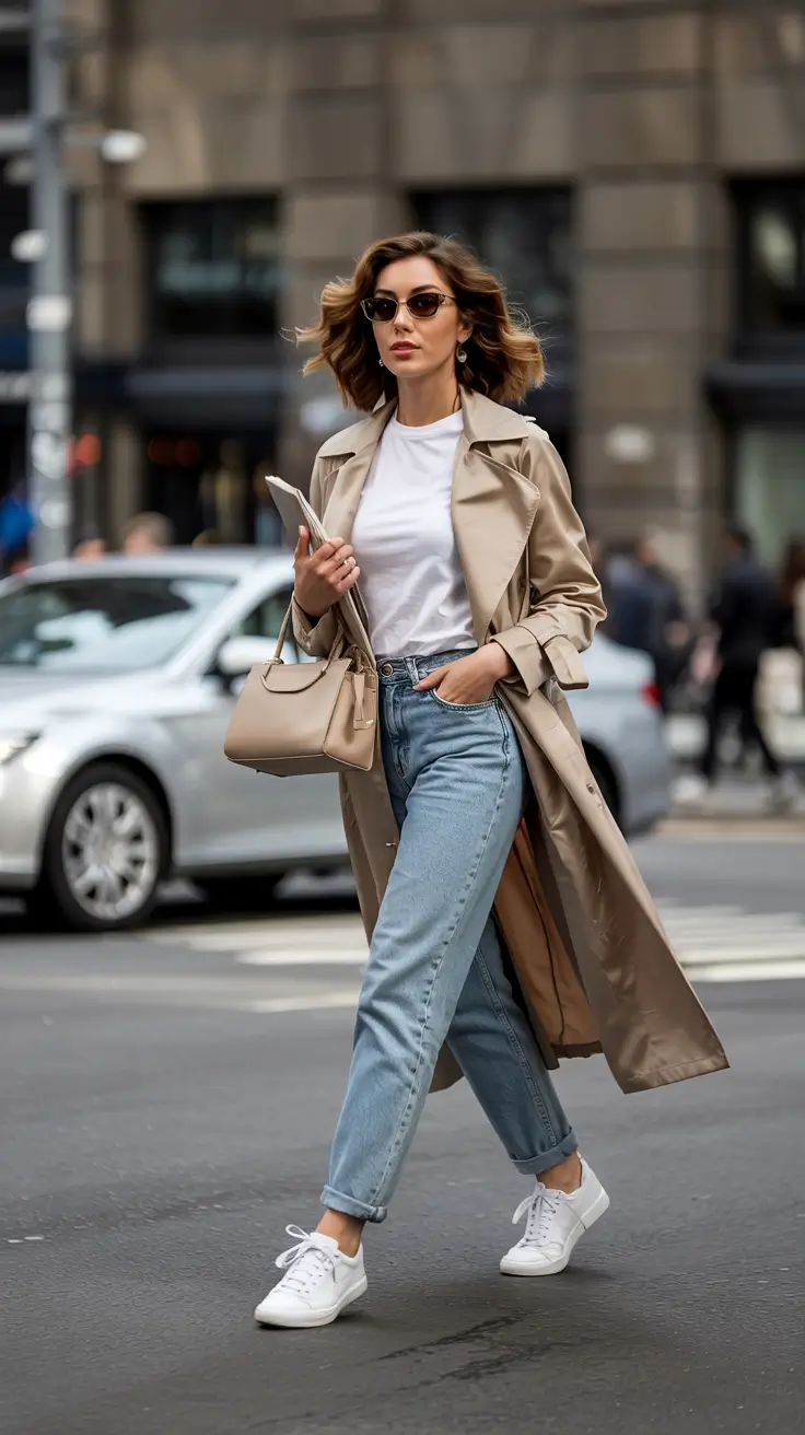 early fall outfits Modern Trench & White Tee Energy