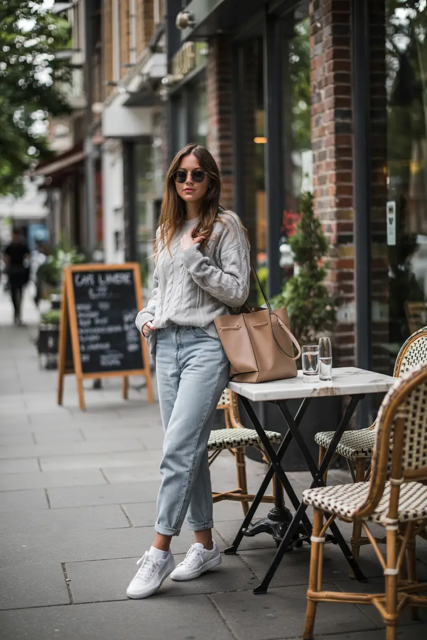 early fall outfits Chunky Knit Comfort with Café Vibes