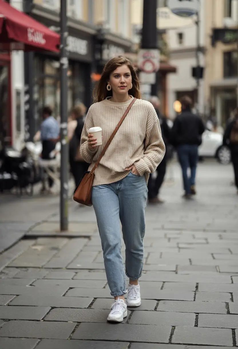 early fall outfits On-the-Go Chic with a Coffee in Hand