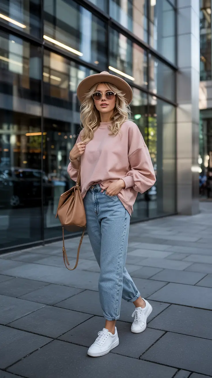 early fall outfits Dusty Rose Sweatshirt Meets City Casual