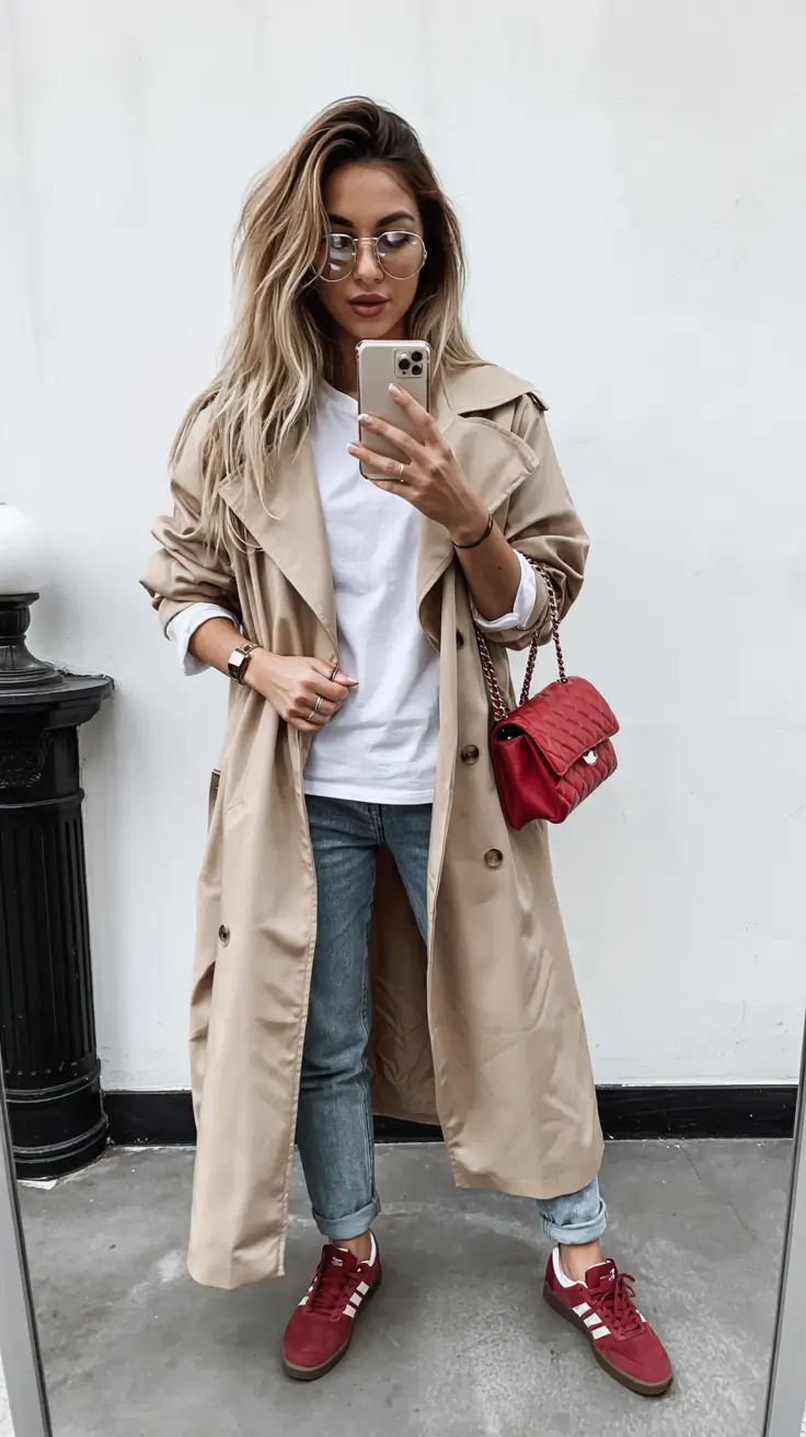 early fall outfits Classic Trench with a Pop of Red