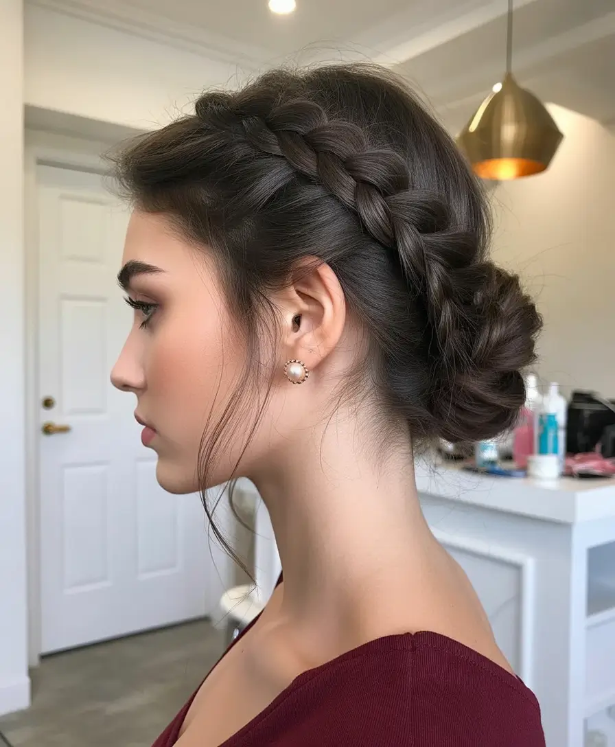 easy fall hairstyles 2025 Milkmaid Braid Bun with a Romantic Edge