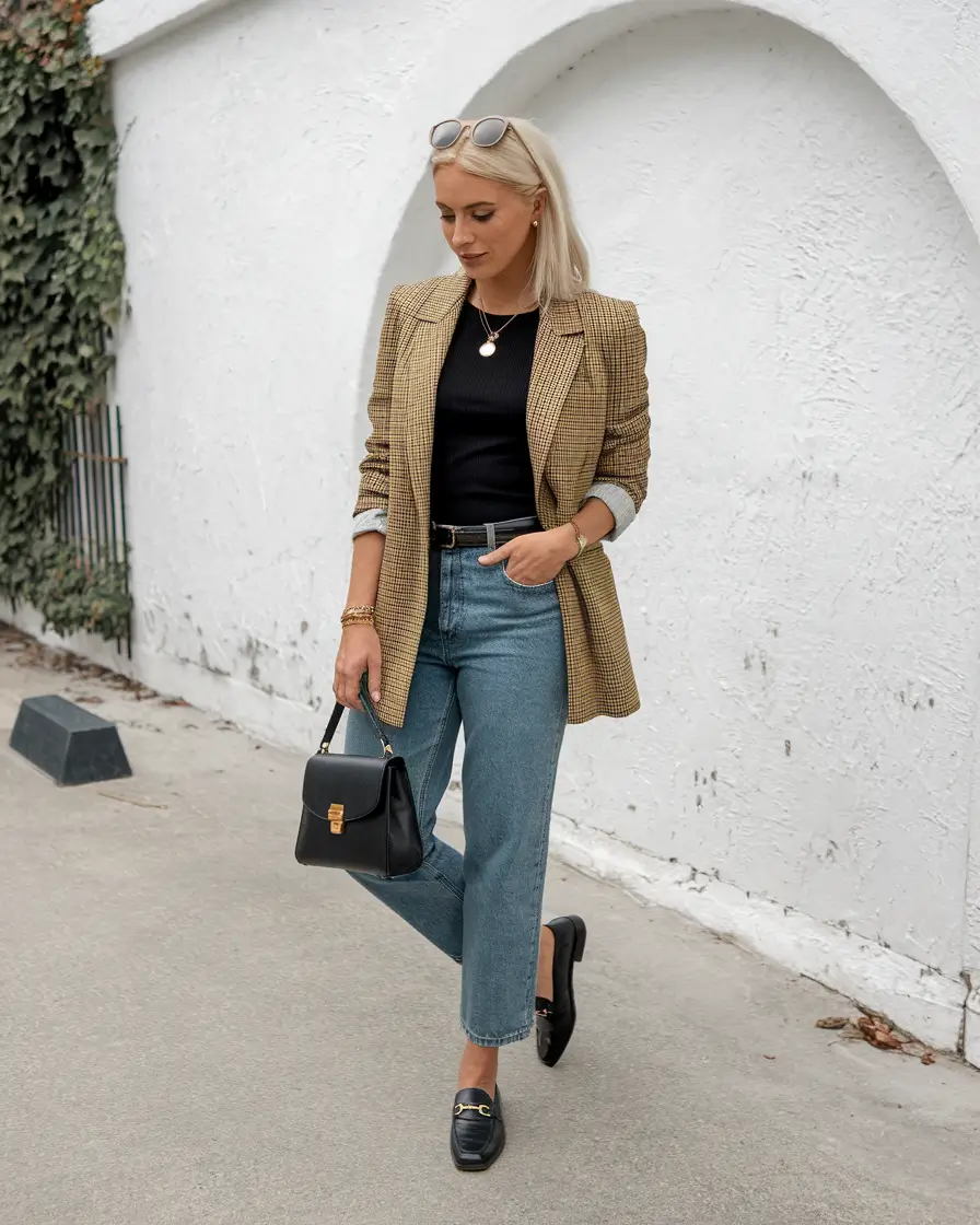 everyday fall outfits Structured Blazer with Classic Denim