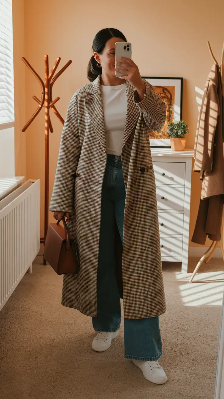 everyday fall outfits Oversized Check Coat & Wide-Leg Denim