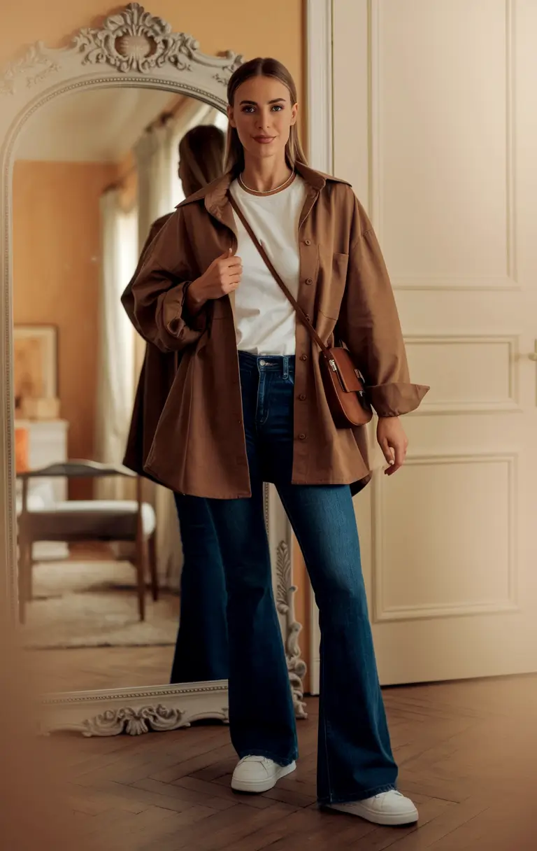 everyday fall outfits Flared Jeans and Buttoned Neutrals