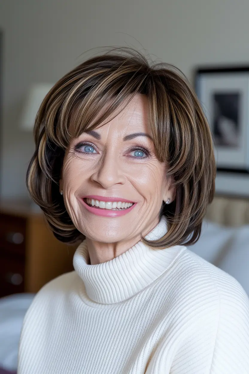 fall bob haircut Feathered Layers with Warm Brunette Highlights