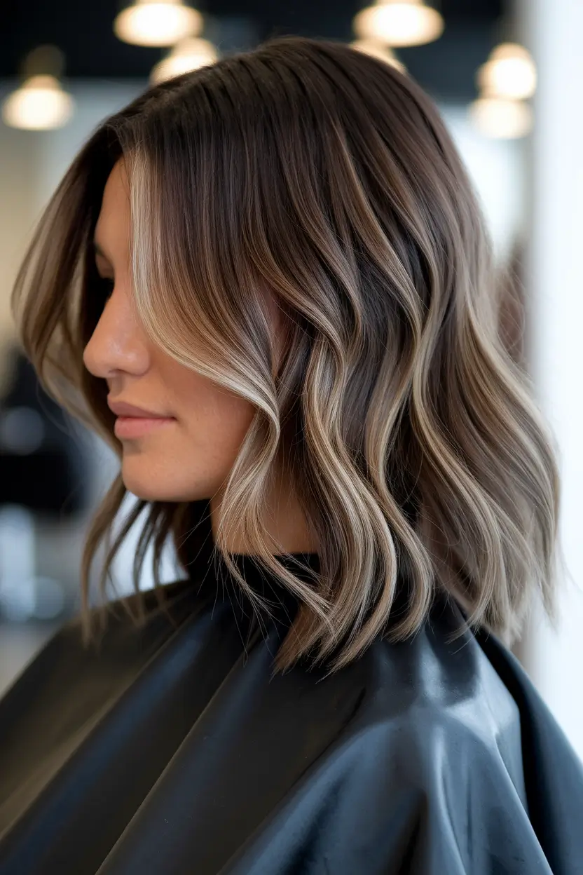 fall brown hair color Dimensional Bob with Bold Money Piece
