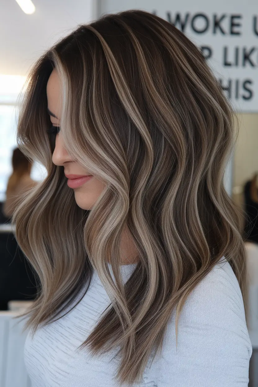 fall brown hair color with money piece Cool Mocha Ribbons with a Bold Money Piece