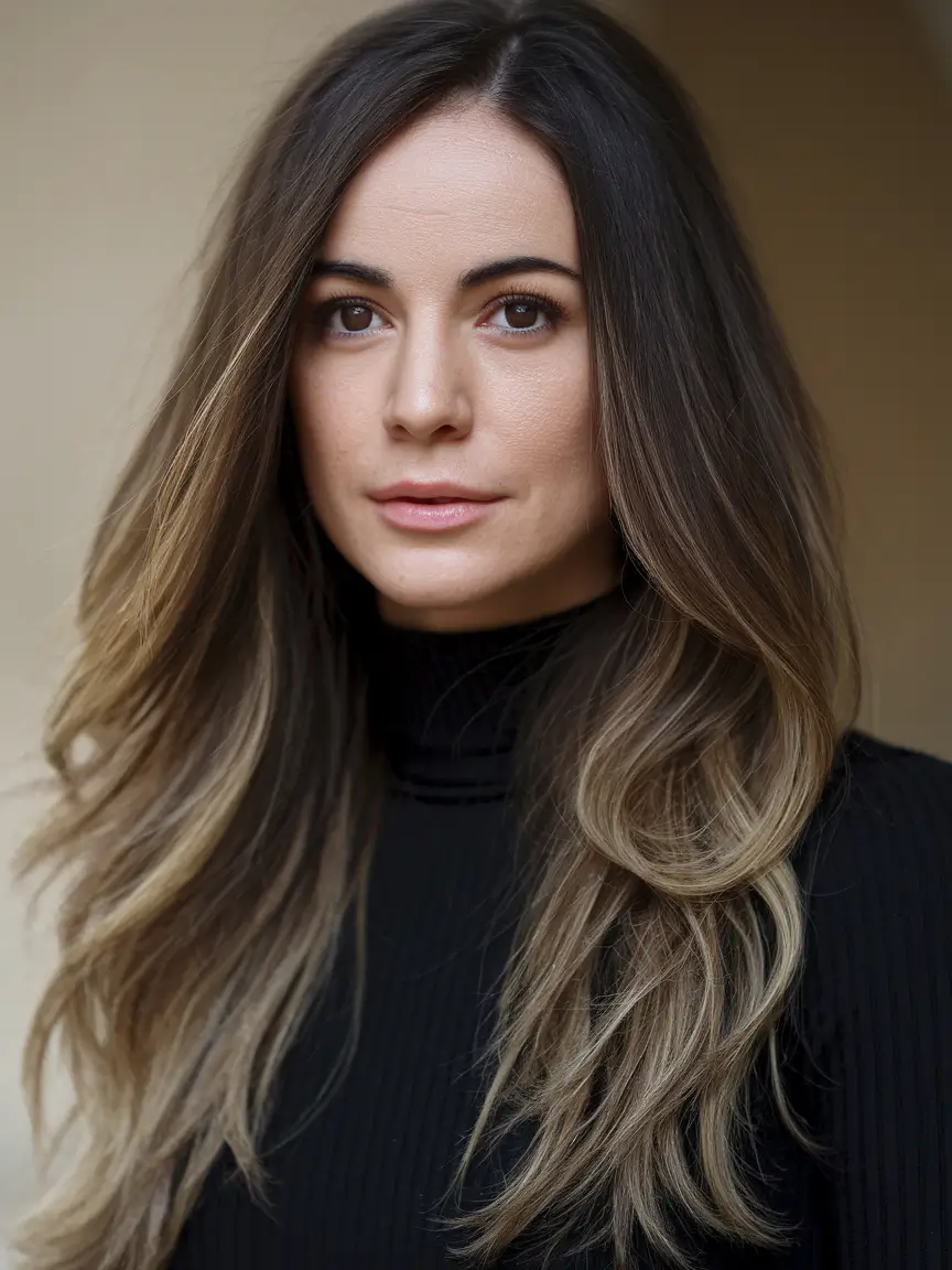 balayage Dimensional Brunette Balayage with Ashy Ends