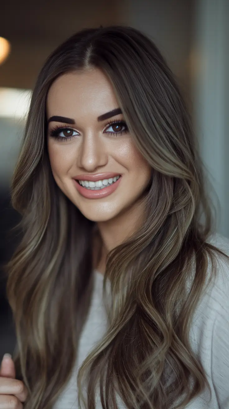 fall brown hair color Earthy Brown Waves with Ashy Framing